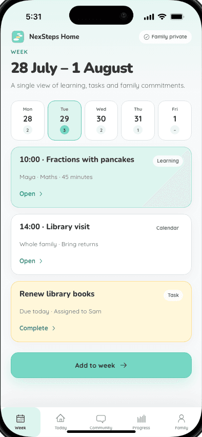 NexSteps Home showing a family week with learning, appointments and tasks