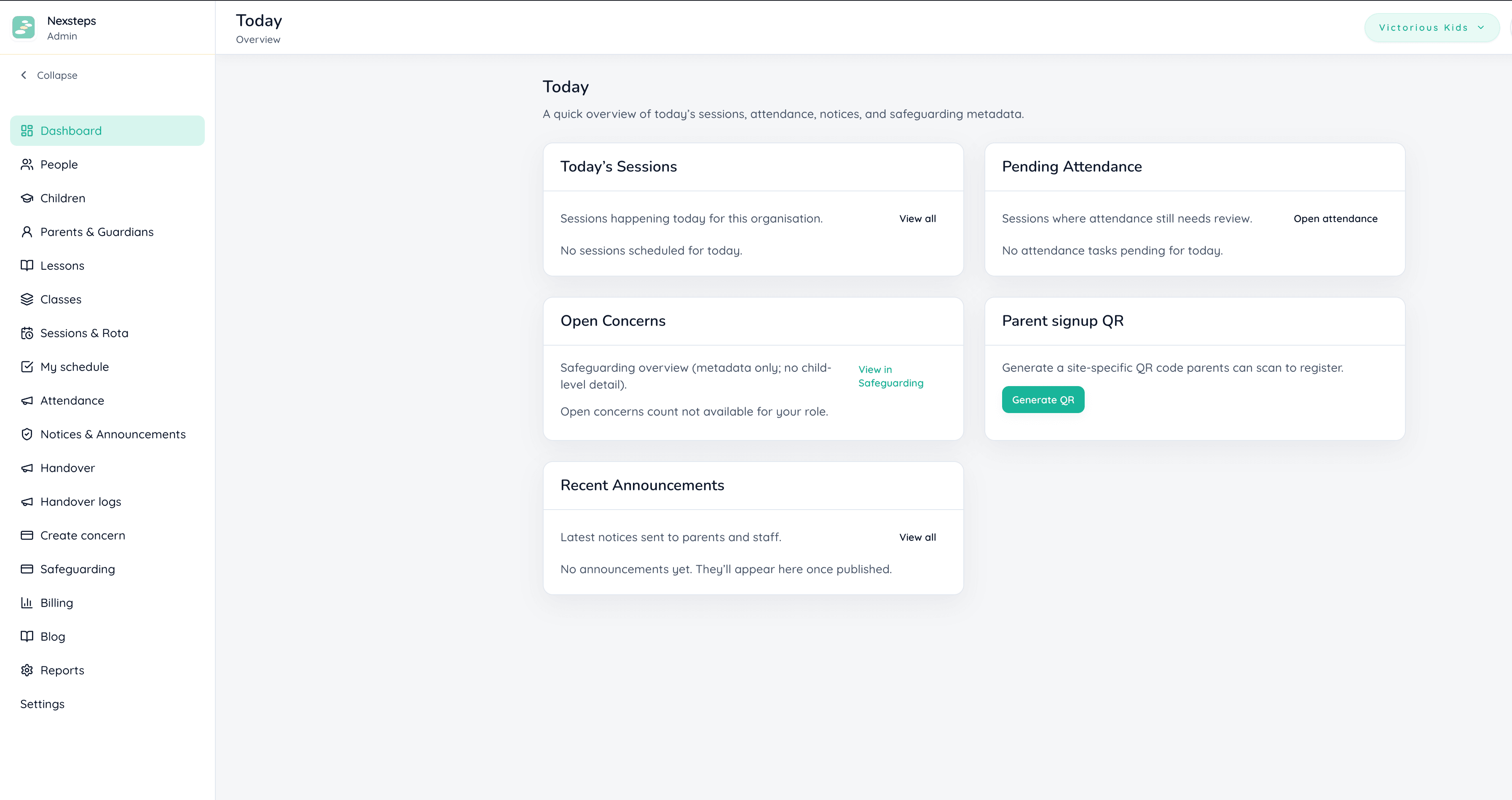 NexSteps admin dashboard overview